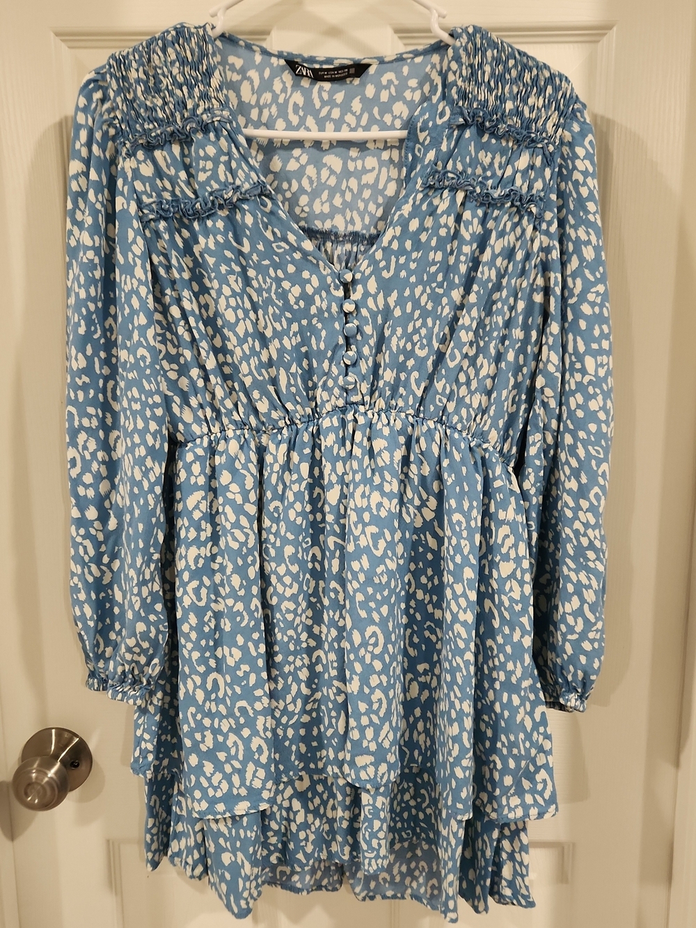 Zara Blue Leopard Helene Animal Print Tiered Smock Mini Dress Ruffle Size M